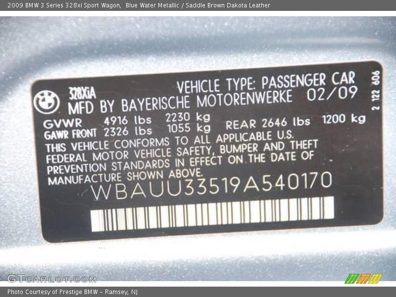 Blue Water Metallic / Saddle Brown Dakota Leather 2009 BMW 3 Series 328xi Sport Wagon