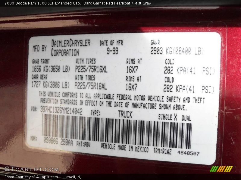 Dark Garnet Red Pearlcoat / Mist Gray 2000 Dodge Ram 1500 SLT Extended Cab
