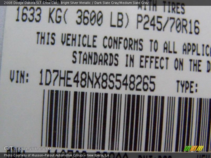 Bright Silver Metallic / Dark Slate Gray/Medium Slate Gray 2008 Dodge Dakota SLT Crew Cab