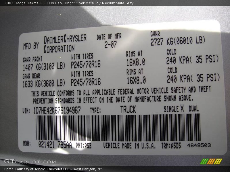 Bright Silver Metallic / Medium Slate Gray 2007 Dodge Dakota SLT Club Cab