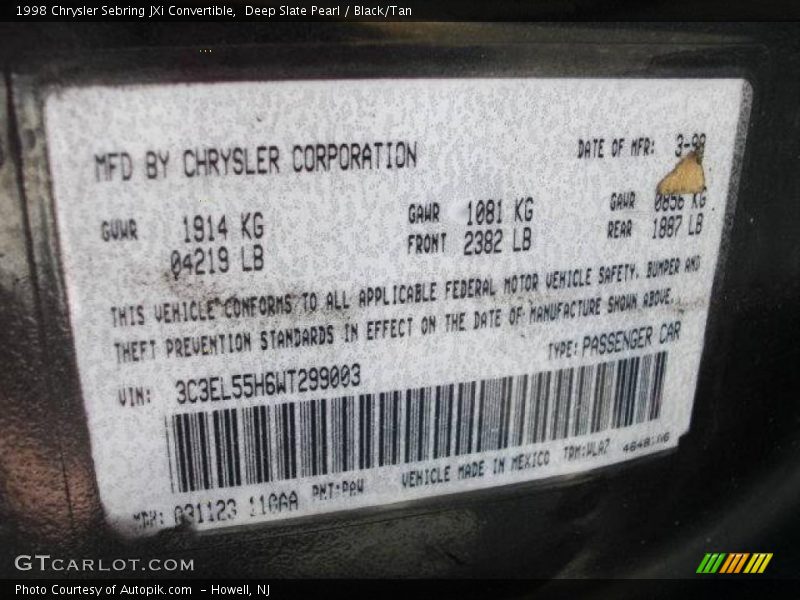 Deep Slate Pearl / Black/Tan 1998 Chrysler Sebring JXi Convertible