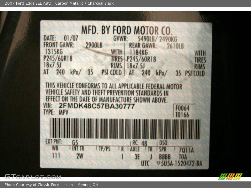 Carbon Metallic / Charcoal Black 2007 Ford Edge SEL AWD