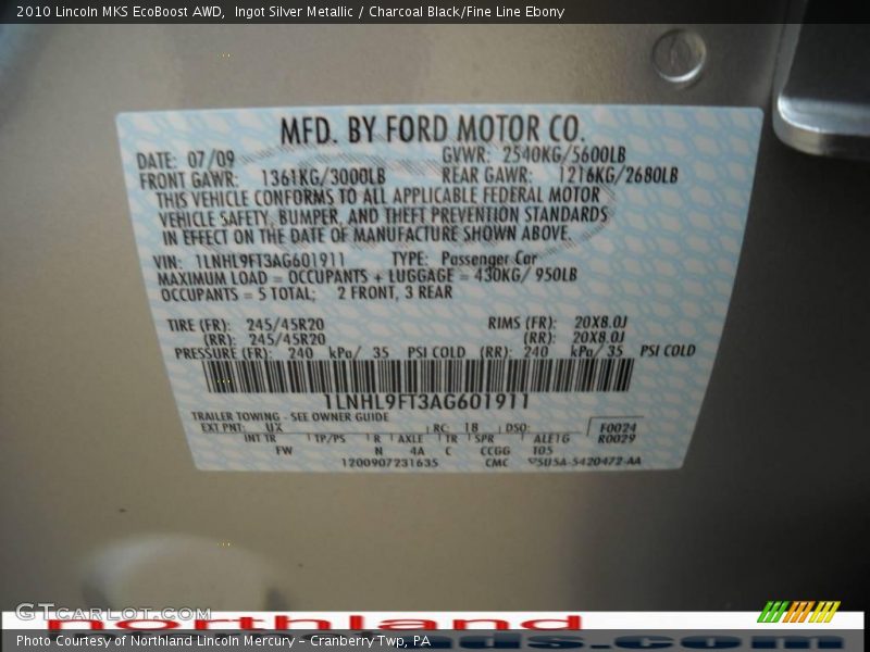 Ingot Silver Metallic / Charcoal Black/Fine Line Ebony 2010 Lincoln MKS EcoBoost AWD