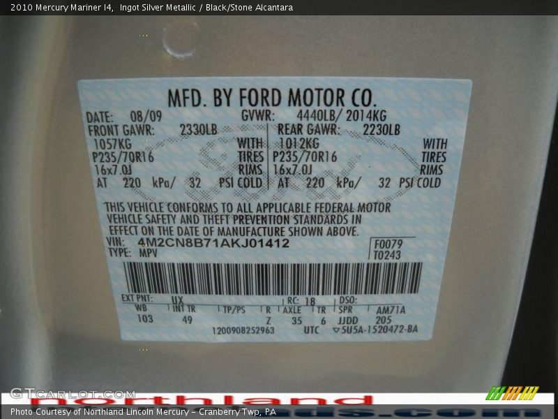 Ingot Silver Metallic / Black/Stone Alcantara 2010 Mercury Mariner I4