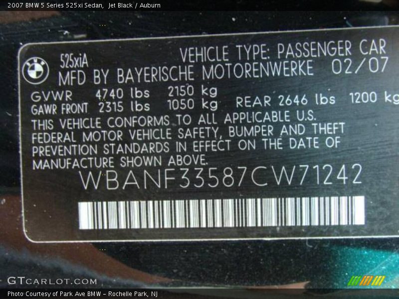 Jet Black / Auburn 2007 BMW 5 Series 525xi Sedan