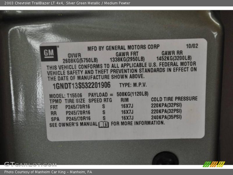 Silver Green Metallic / Medium Pewter 2003 Chevrolet TrailBlazer LT 4x4