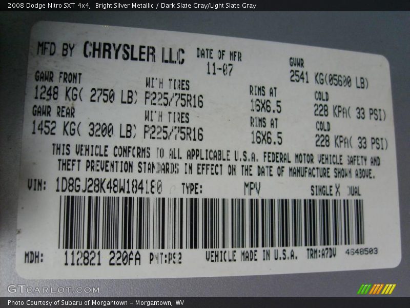 Bright Silver Metallic / Dark Slate Gray/Light Slate Gray 2008 Dodge Nitro SXT 4x4