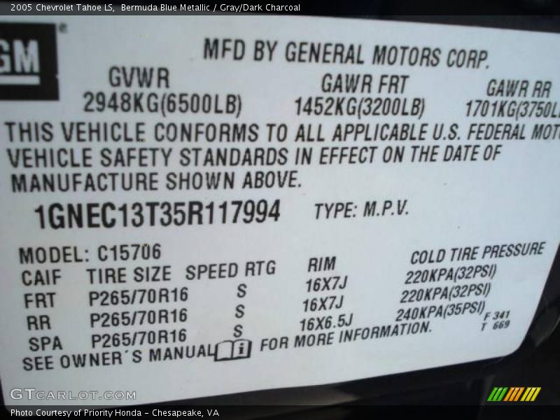 Bermuda Blue Metallic / Gray/Dark Charcoal 2005 Chevrolet Tahoe LS