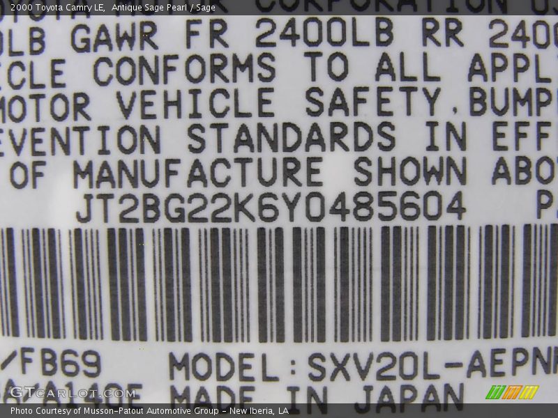Antique Sage Pearl / Sage 2000 Toyota Camry LE