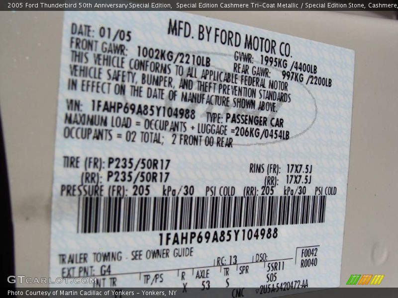 Special Edition Cashmere Tri-Coat Metallic / Special Edition Stone, Cashmere, Soft Gold 2005 Ford Thunderbird 50th Anniversary Special Edition