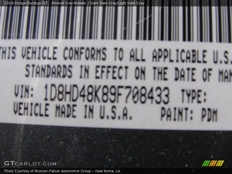 Mineral Gray Metallic / Dark Slate Gray/Light Slate Gray 2009 Dodge Durango SLT