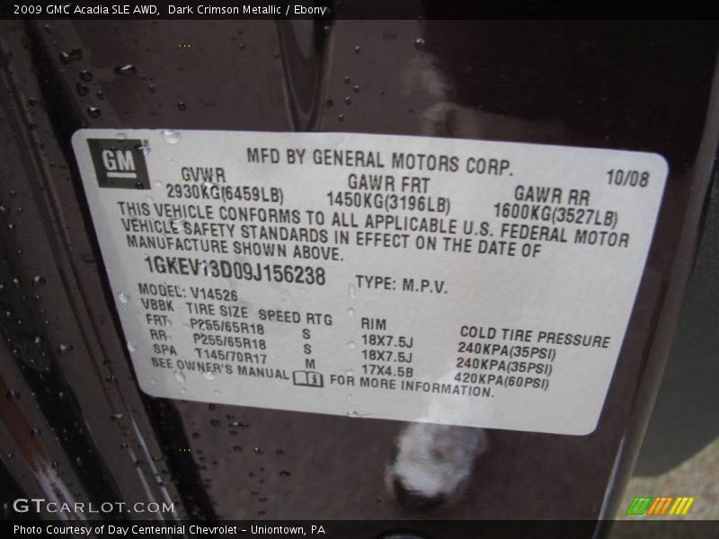 Dark Crimson Metallic / Ebony 2009 GMC Acadia SLE AWD