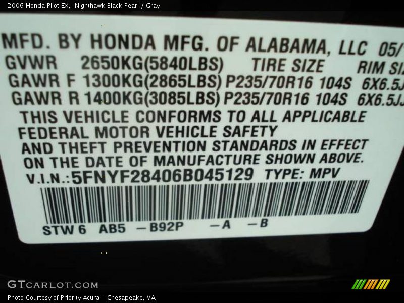 Nighthawk Black Pearl / Gray 2006 Honda Pilot EX