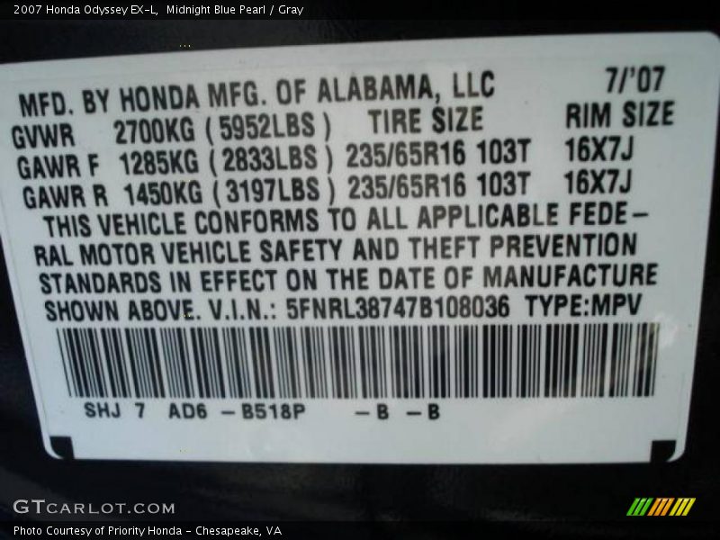 Midnight Blue Pearl / Gray 2007 Honda Odyssey EX-L