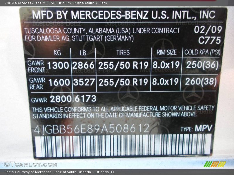 Iridium Silver Metallic / Black 2009 Mercedes-Benz ML 350
