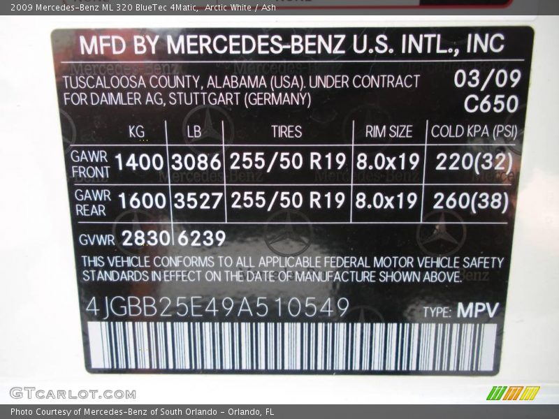 Arctic White / Ash 2009 Mercedes-Benz ML 320 BlueTec 4Matic