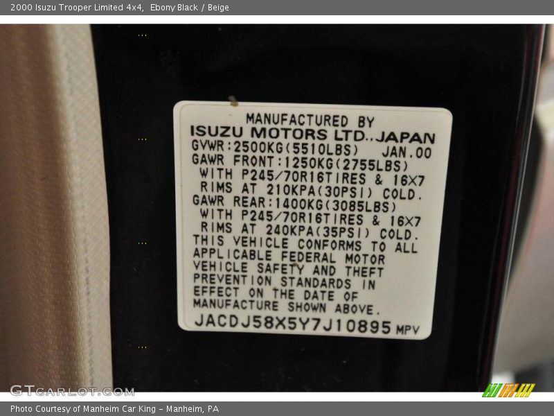 Ebony Black / Beige 2000 Isuzu Trooper Limited 4x4