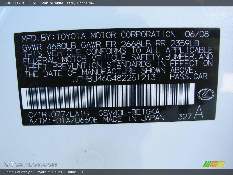 Starfire White Pearl / Light Gray 2008 Lexus ES 350