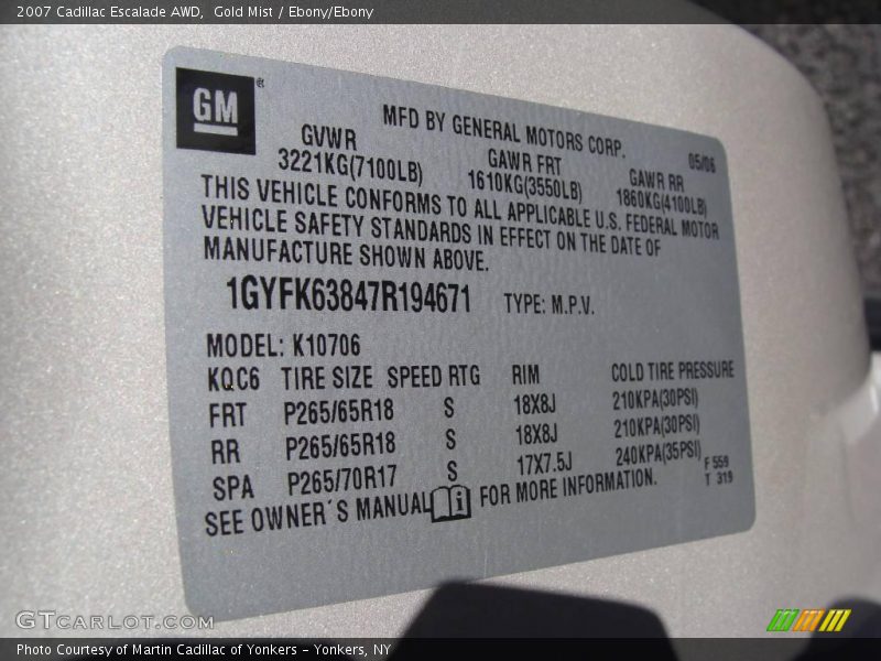 Gold Mist / Ebony/Ebony 2007 Cadillac Escalade AWD