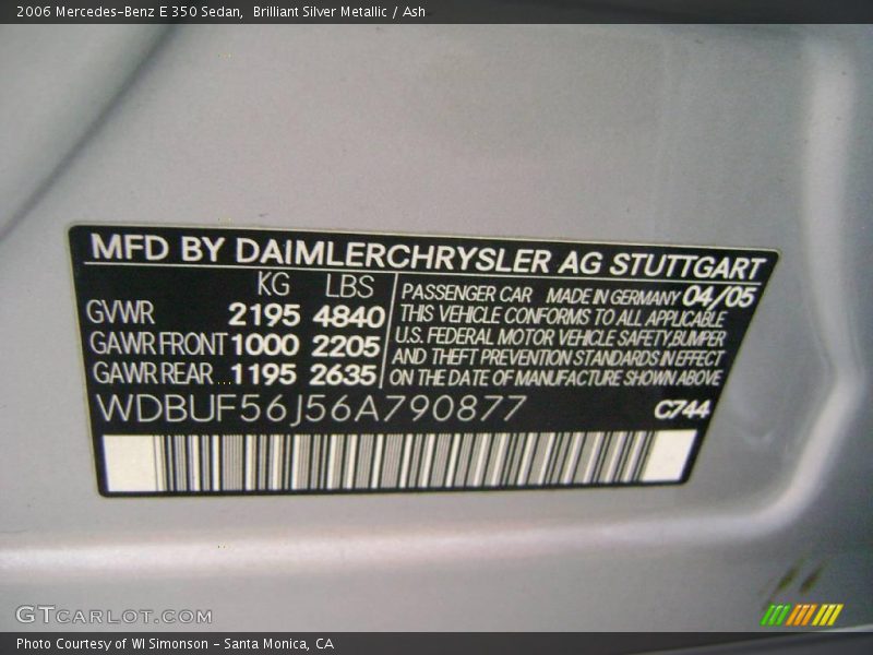 Brilliant Silver Metallic / Ash 2006 Mercedes-Benz E 350 Sedan