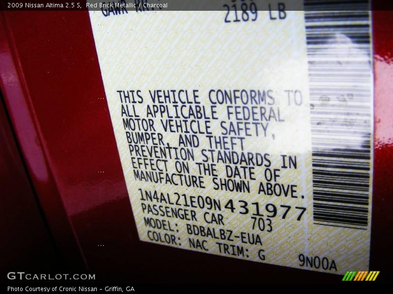 Red Brick Metallic / Charcoal 2009 Nissan Altima 2.5 S
