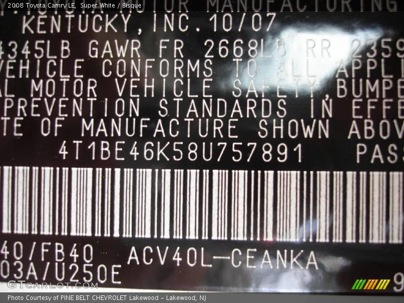 Super White / Bisque 2008 Toyota Camry LE
