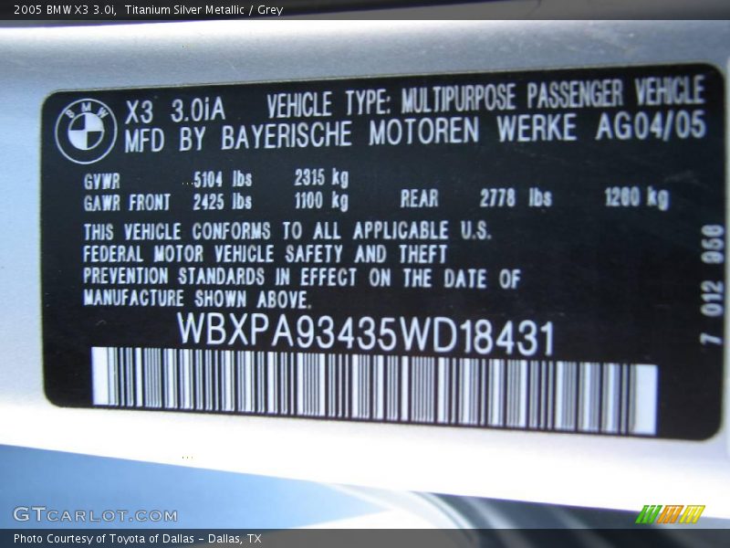 Titanium Silver Metallic / Grey 2005 BMW X3 3.0i