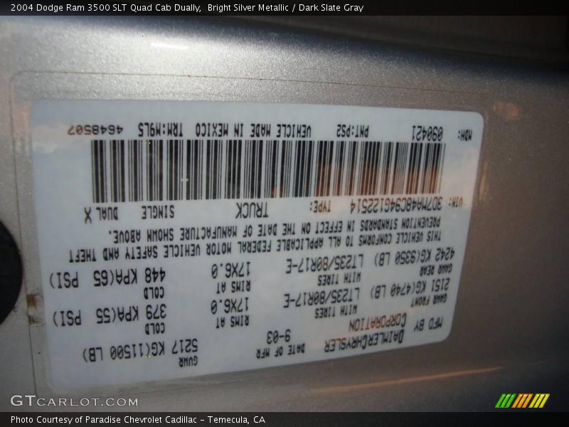 Bright Silver Metallic / Dark Slate Gray 2004 Dodge Ram 3500 SLT Quad Cab Dually