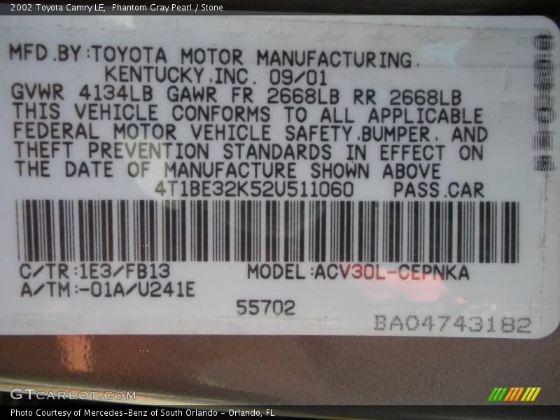 Phantom Gray Pearl / Stone 2002 Toyota Camry LE