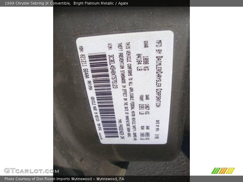Bright Platinum Metallic / Agate 1999 Chrysler Sebring JX Convertible