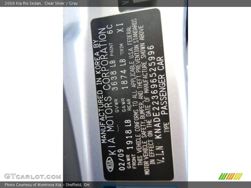 Clear Silver / Gray 2009 Kia Rio Sedan