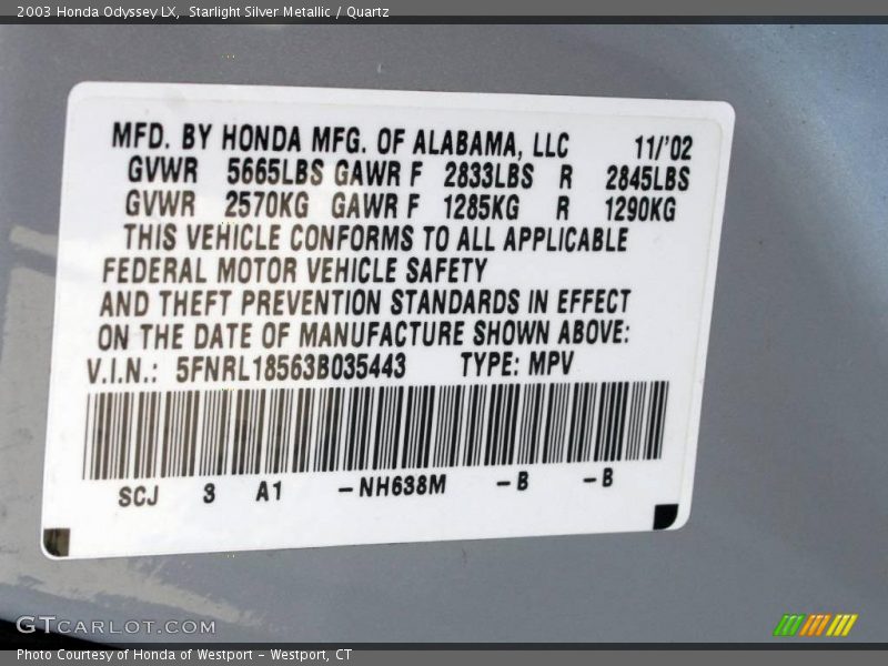 Starlight Silver Metallic / Quartz 2003 Honda Odyssey LX