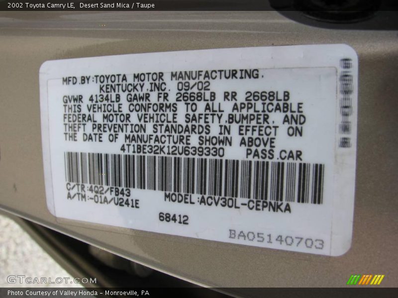 Desert Sand Mica / Taupe 2002 Toyota Camry LE