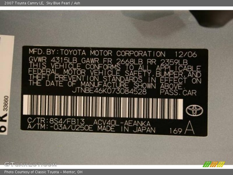 Sky Blue Pearl / Ash 2007 Toyota Camry LE