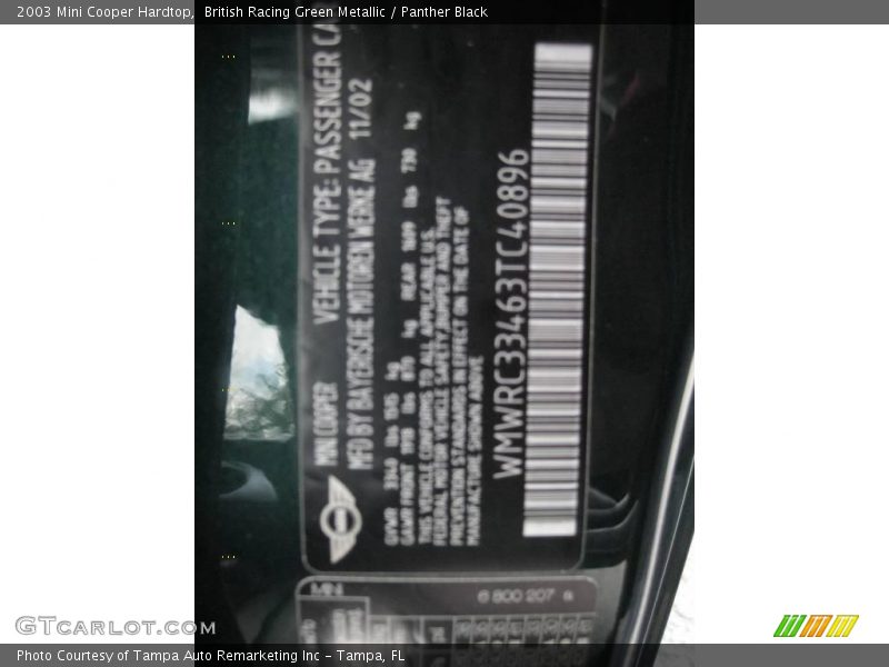 British Racing Green Metallic / Panther Black 2003 Mini Cooper Hardtop