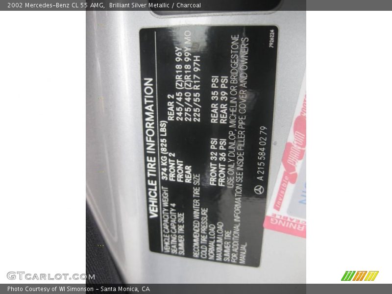 Brilliant Silver Metallic / Charcoal 2002 Mercedes-Benz CL 55 AMG