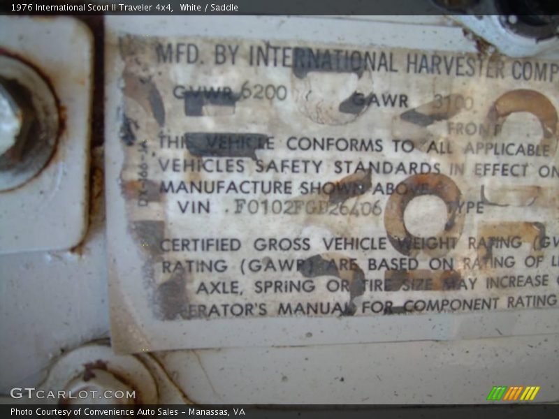 Info Tag of 1976 Scout II Traveler 4x4