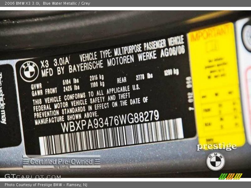 Blue Water Metallic / Grey 2006 BMW X3 3.0i