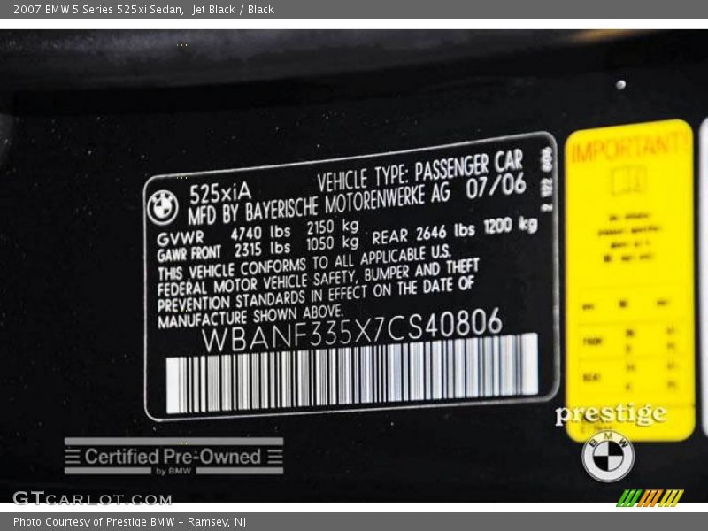 Jet Black / Black 2007 BMW 5 Series 525xi Sedan