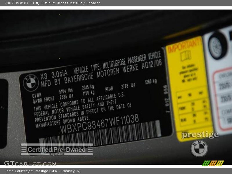 Platinum Bronze Metallic / Tobacco 2007 BMW X3 3.0si