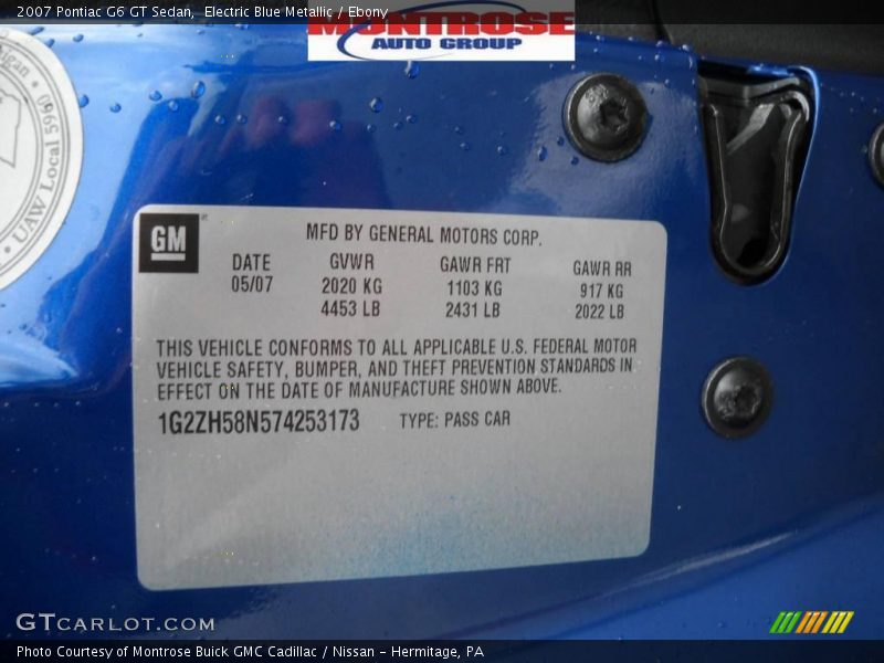 Electric Blue Metallic / Ebony 2007 Pontiac G6 GT Sedan