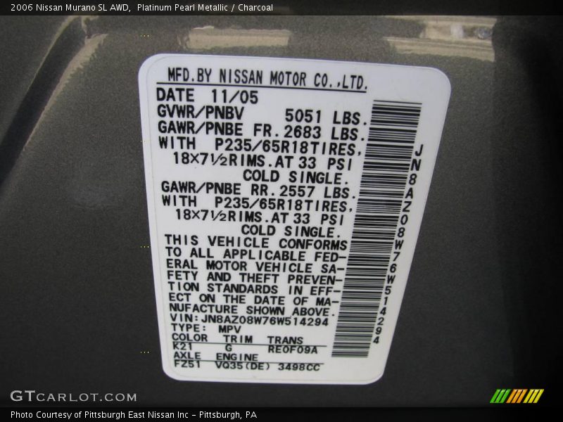 Platinum Pearl Metallic / Charcoal 2006 Nissan Murano SL AWD