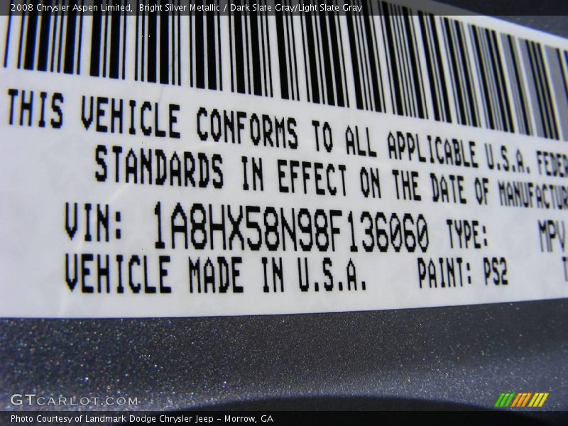 Bright Silver Metallic / Dark Slate Gray/Light Slate Gray 2008 Chrysler Aspen Limited