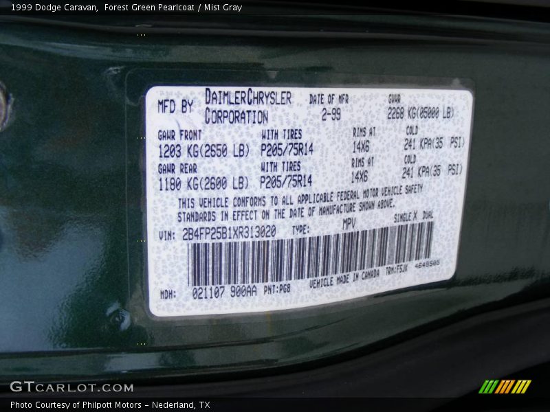 1999 Caravan  Forest Green Pearlcoat Color Code PG8