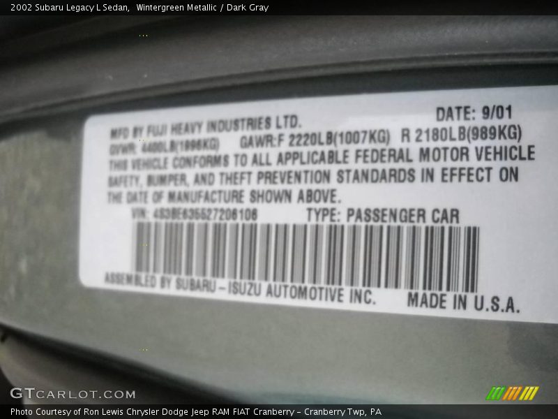 Wintergreen Metallic / Dark Gray 2002 Subaru Legacy L Sedan