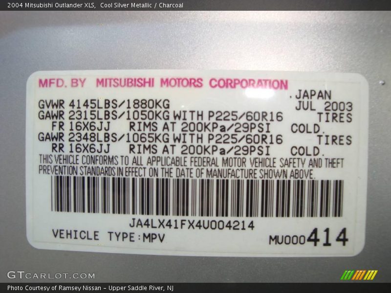 Cool Silver Metallic / Charcoal 2004 Mitsubishi Outlander XLS