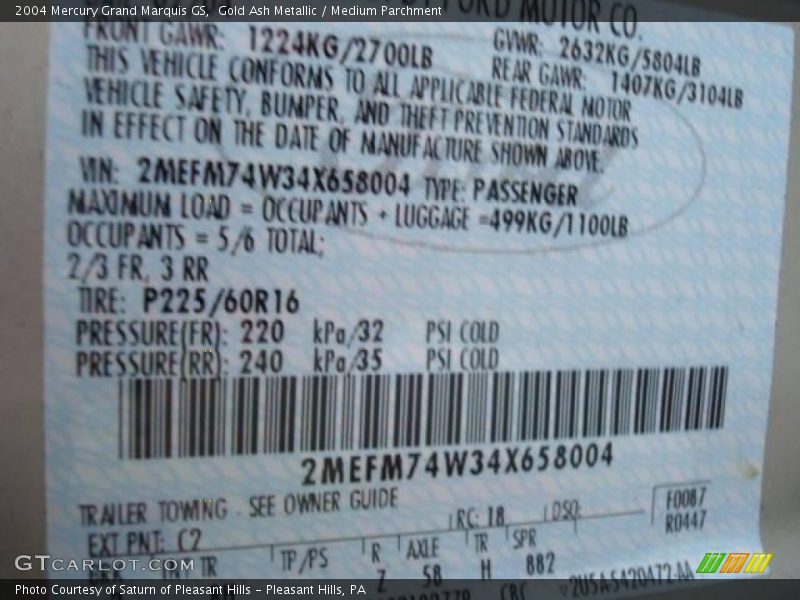 Gold Ash Metallic / Medium Parchment 2004 Mercury Grand Marquis GS