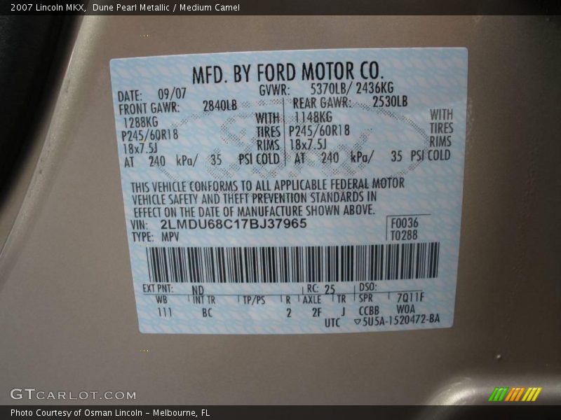 Dune Pearl Metallic / Medium Camel 2007 Lincoln MKX