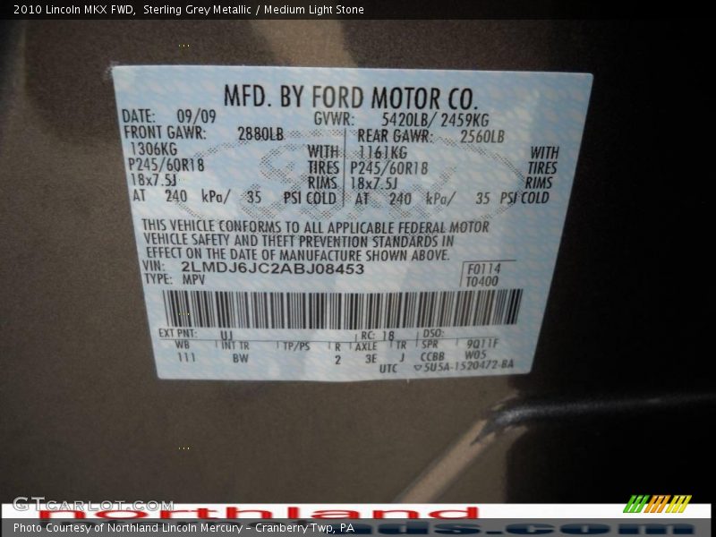 Sterling Grey Metallic / Medium Light Stone 2010 Lincoln MKX FWD