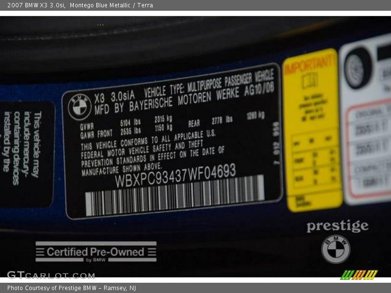 Montego Blue Metallic / Terra 2007 BMW X3 3.0si